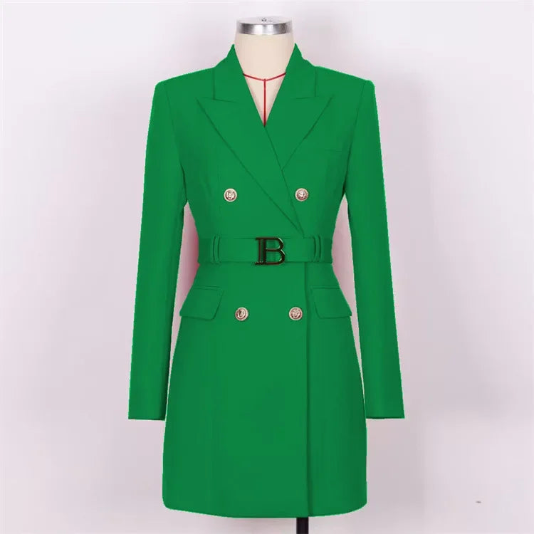 French Elegant Long Sleeve Suit Dress Waist-Cinching Short Size Professional Double-Buttoned Belted Coat for Spring