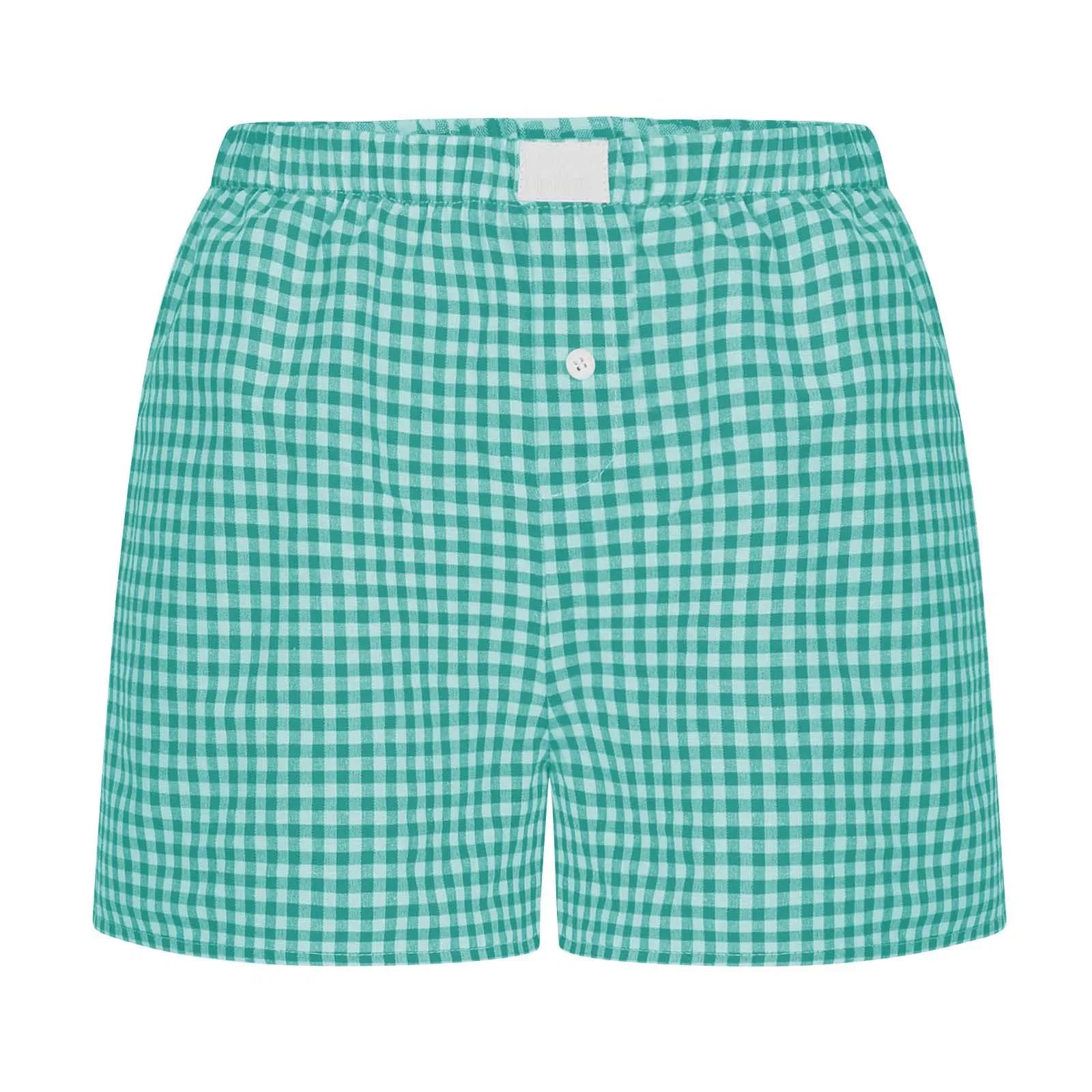 Gingham Boxer Shorts for Women Teen-girls Elastic Waistband Pull-on Red Blue Plaid Shorts Outfit Casual Lounge Summer Shorts