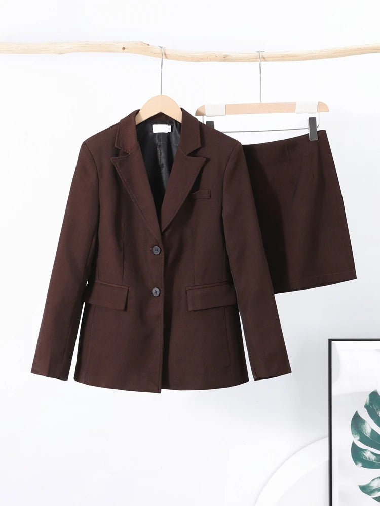 Urban Solid Coat Skirt Women Set Casual Lapel Long Sleeve Single Button Pocket Outwear Sexy Skirt 2025 Vintage Lady Outfit