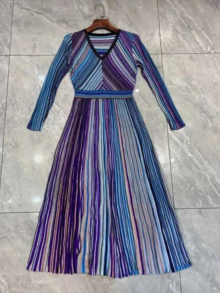 QMQA Fashion Women's Gradient Stripes Design Dresses V Neck High Waist Long Sleeve Elegant Party Dress Female Spring New 1A116
