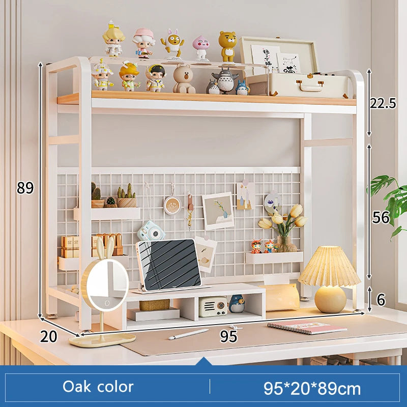 Bookcase With Grid Bookshelf Desktop Multi-layer Wrought Iron Shelf Student Computer Desk Table Hole Board Table Wooden Shelves