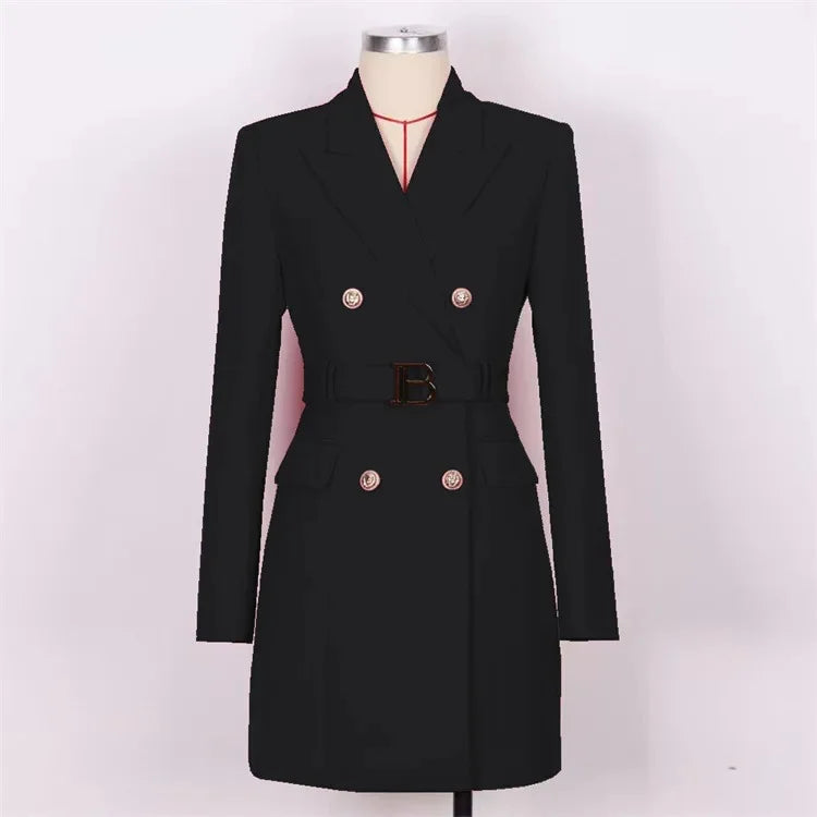French Elegant Long Sleeve Suit Dress Waist-Cinching Short Size Professional Double-Buttoned Belted Coat for Spring