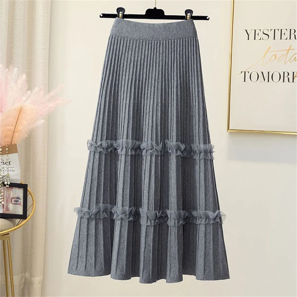 Lace Ruffle Mesh Patchwork Knitted Midi Pleated Skirt Women 2024 Autumn Winter High Waist Umbrella Solid Skirt A-Line Long Skirt