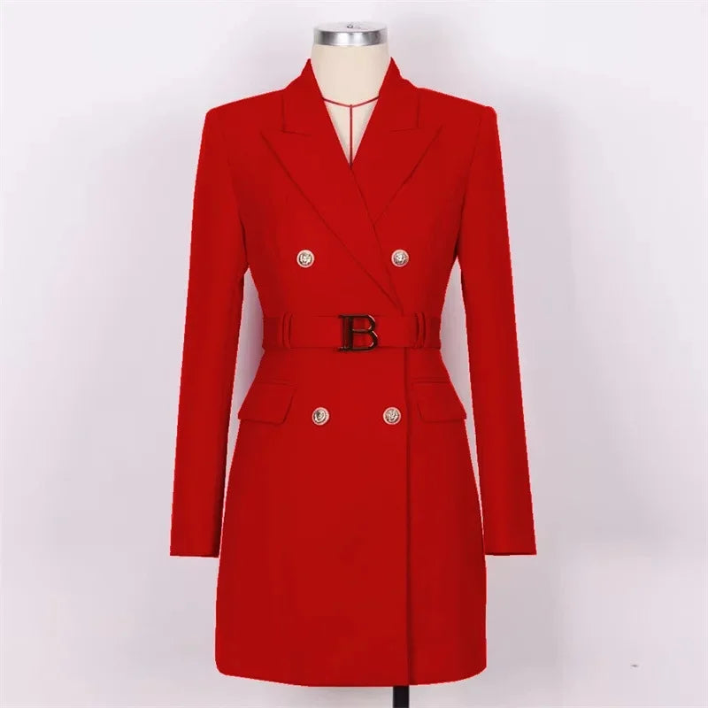 French Elegant Long Sleeve Suit Dress Waist-Cinching Short Size Professional Double-Buttoned Belted Coat for Spring