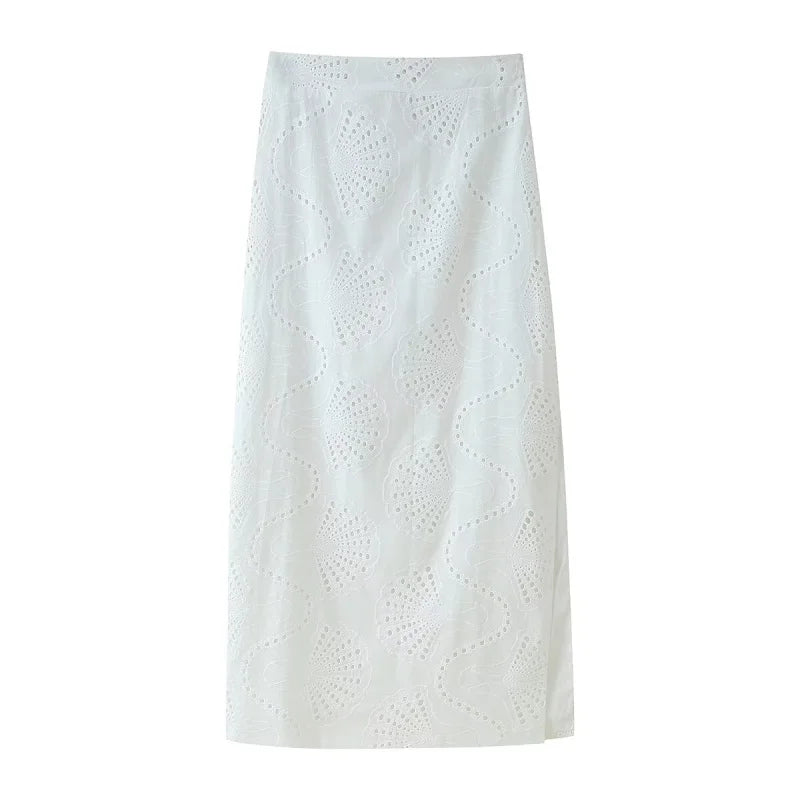 ETJ 2025 new TRAF women's elegant and gentle hollow embroidery round neck jacket & high waist slit skirt fashion casual suit