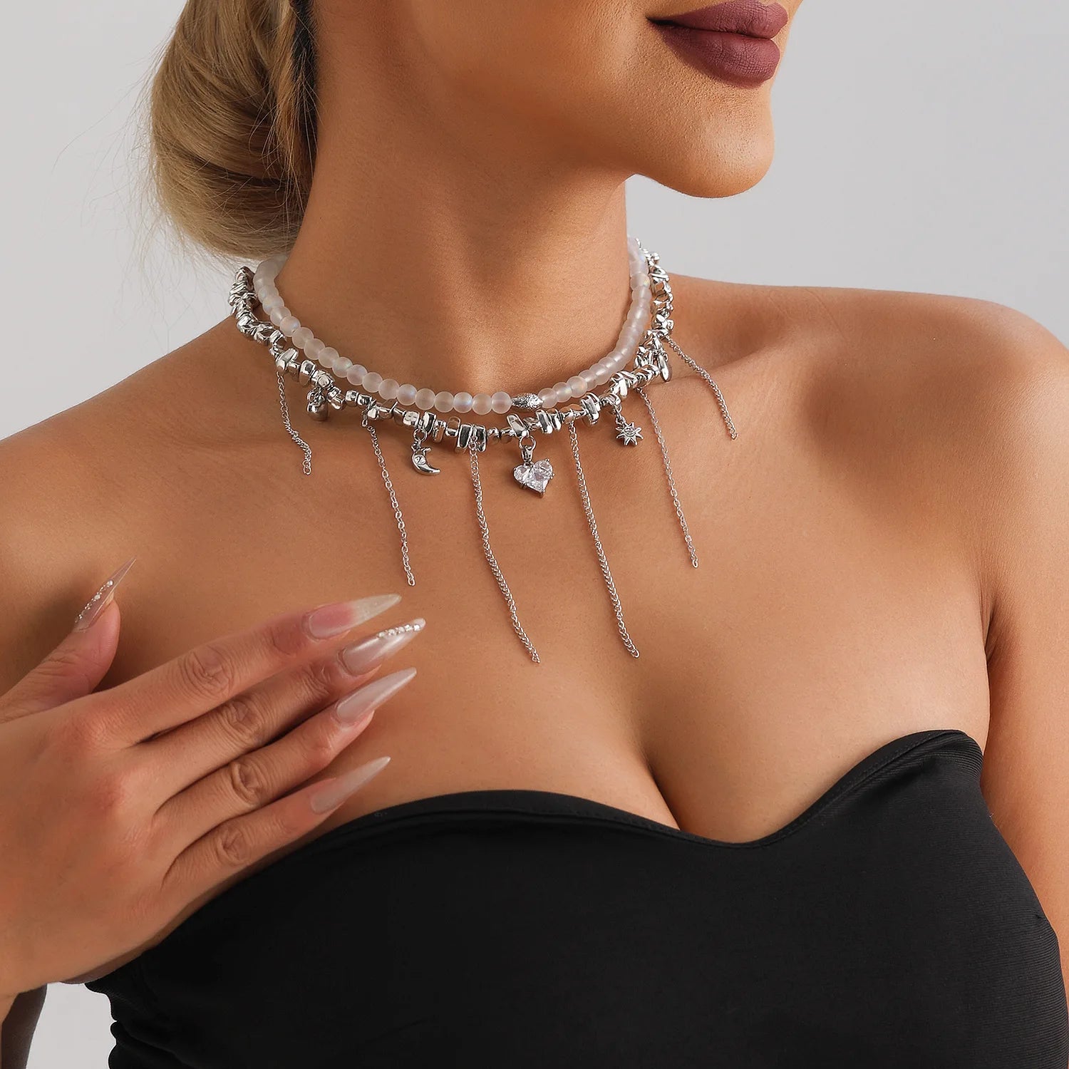 Y2k Choker Heart Necklace Pendant Chain Jewellery Women чокер Glass Layered Neck Collier Femme Cadenas Para Mujer