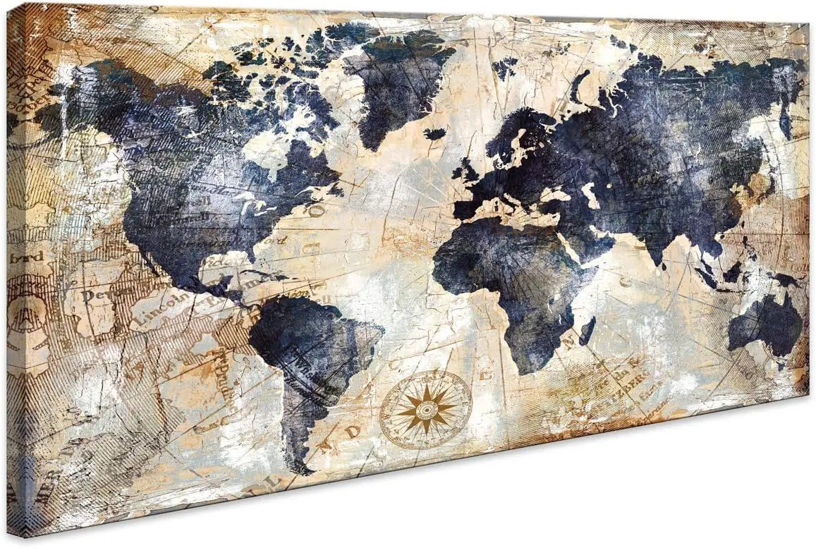 Framed World Map Wall Art Print  Nautical Map Canvas Artwork for Home  Office Decor Travel Memory Picture x inch Ready to Hang