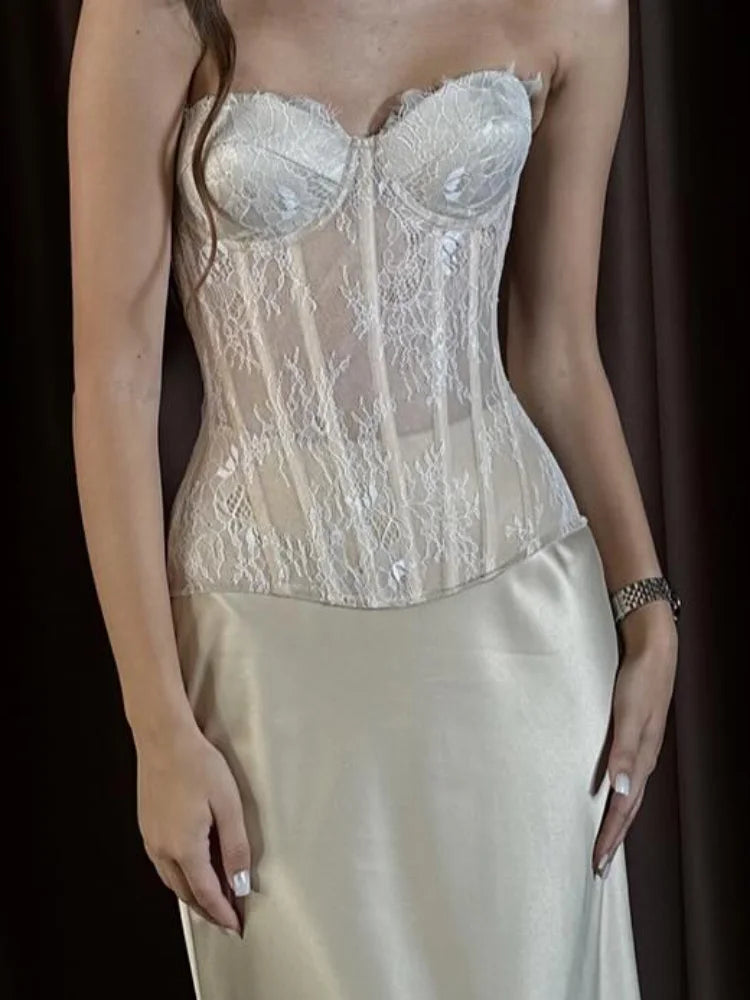 Women's Sexy Sheer Mesh Strapless Tops Elegant Fishbone Backless Lace Up Crop Top Lady 2025 Summer Fashion Party Evening Wear