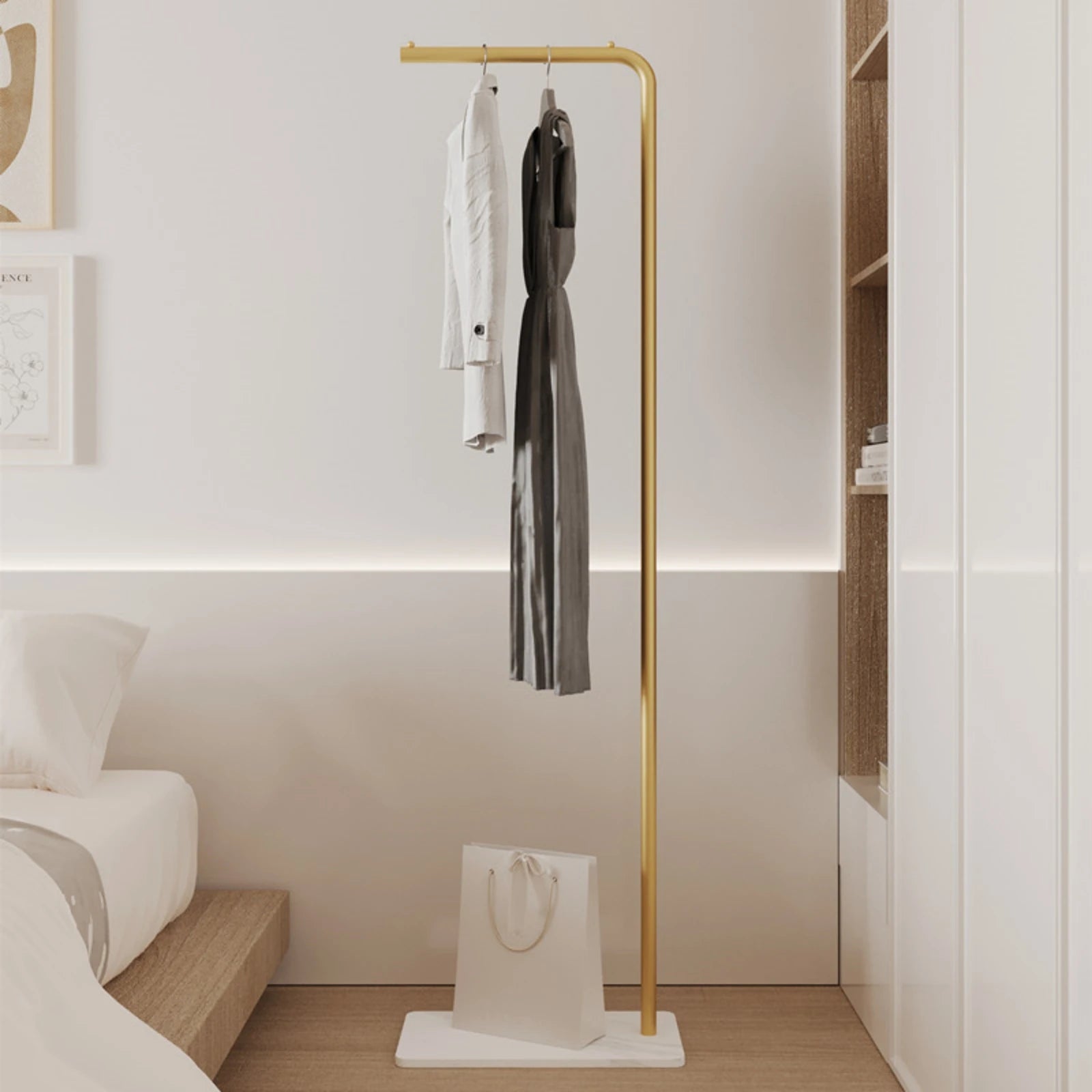 Scandinavian Modern Metal Valet Stand - Freestanding Multipurpose Suit Rack with Special Functions - Bedroom Clothing and Accessories