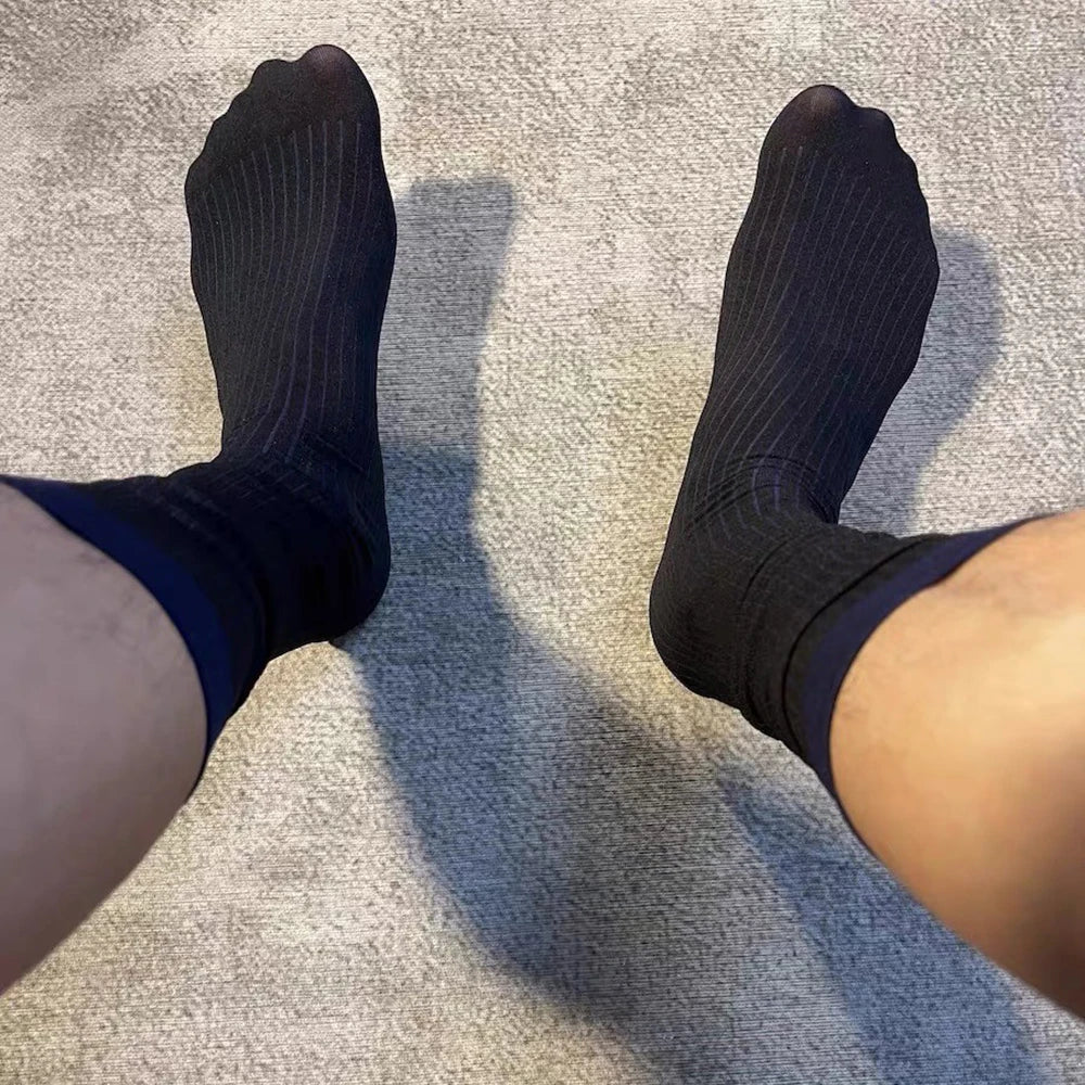 Man Transparent Sexy Stockings Men Ultra-thin Hight Tube Socks Sheer Elastic Striped Business Socks Formal Stockings