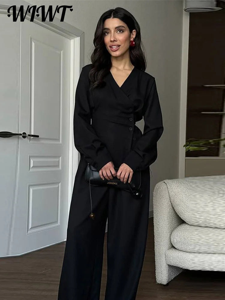 Casual Side Single-breasted Shirt Pants Suit Women Slim Waist-Closed V-neck Full Sleeve Top Wide Leg Trouser 2025 Autumn New Set