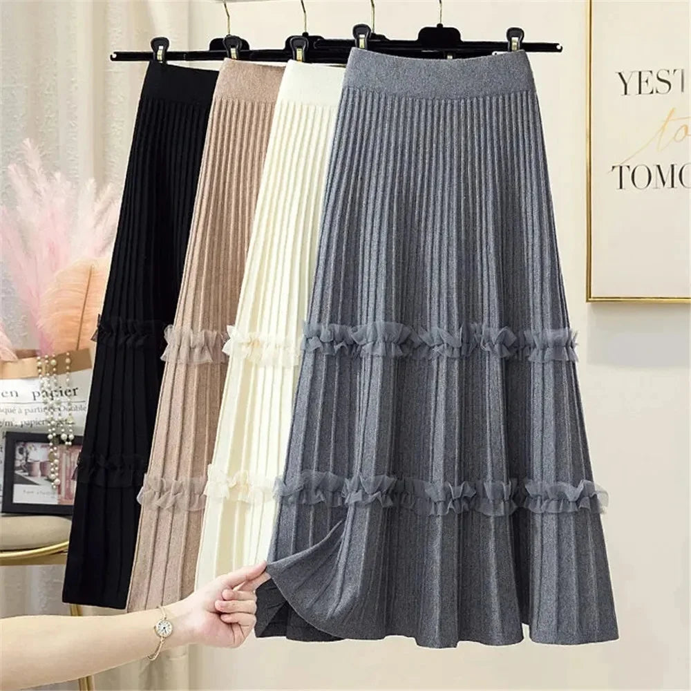 Lace Ruffle Mesh Patchwork Knitted Midi Pleated Skirt Women 2024 Autumn Winter High Waist Umbrella Solid Skirt A-Line Long Skirt