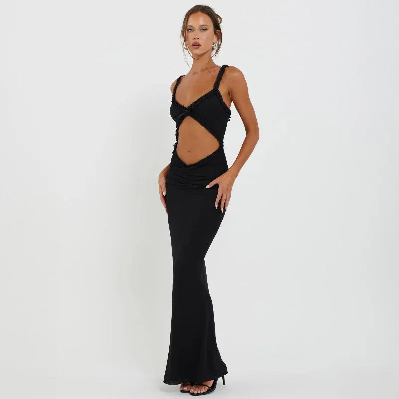 Backless Hollow Out Sexy Party Dress Women Spaghetti Strap 2024 Summer Dress Elegant Maxi Long Slim Bodycon Dresses