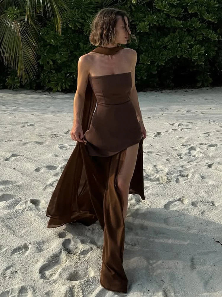 Fashion Strapless Dress With Ribbon Female Elegant Solid Sleeveless Mesh Beach Vacation Long Dress 2025 Spring New Women Dress