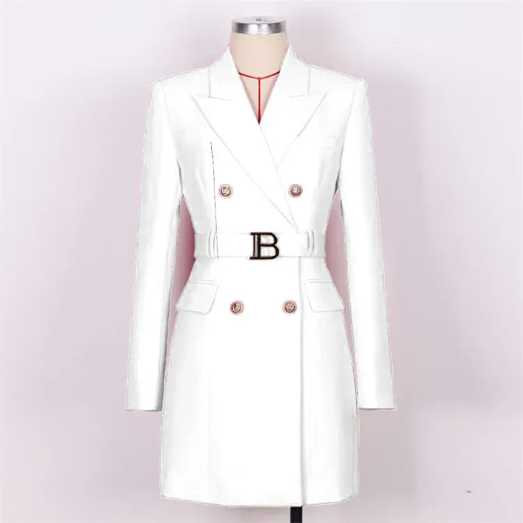 French Elegant Long Sleeve Suit Dress Waist-Cinching Short Size Professional Double-Buttoned Belted Coat for Spring
