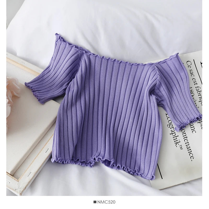 ITOOLIN Women Knitted Ruffles Hem Tops Cute Crop Tops Off Shoulder T-shirts Summer For Women Short Sleeve T-shirts 2023