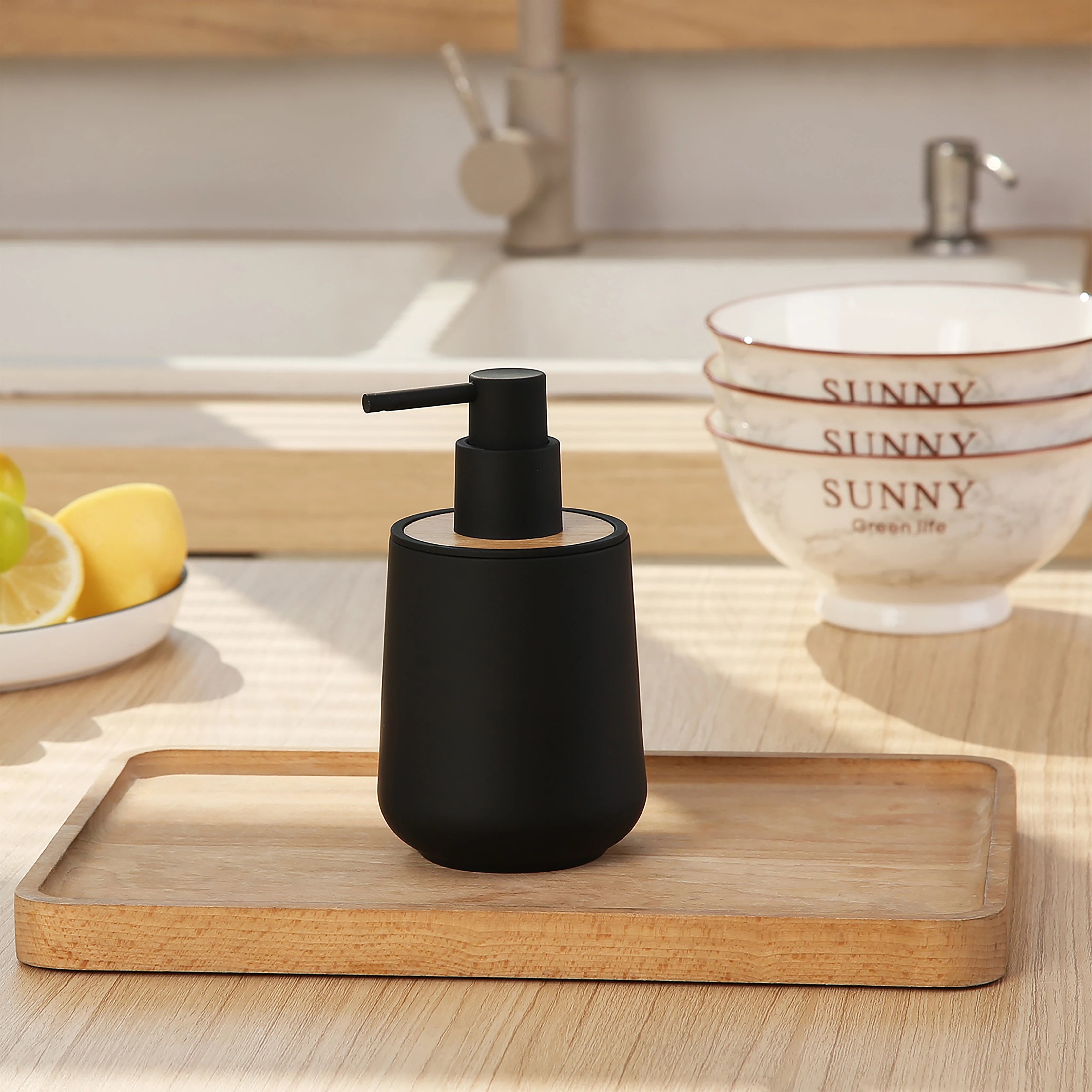 1 Modern Black Round Matte with Bamboo Trim Soap Dispenser For Bathroom Hand Soap and Kitchen Dishwashing Liquid Dispensing