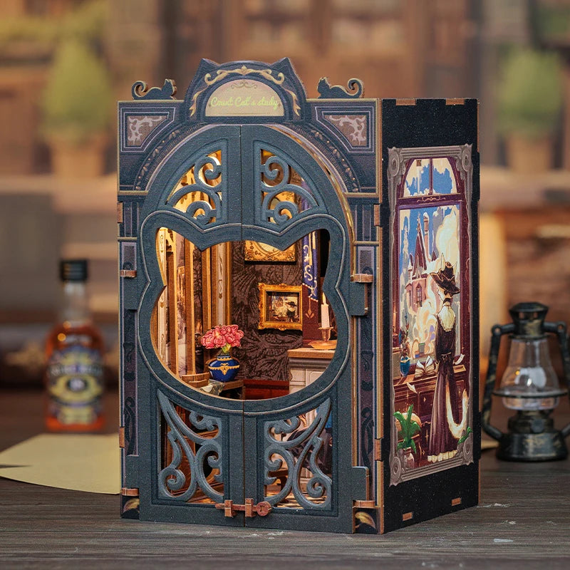 CUTEBEE DIY Book Nook Kit Miniature Dollhouse with Light Wooden Bookshelf Insert Retro Booknook Decor for Gifts Bookshop Series