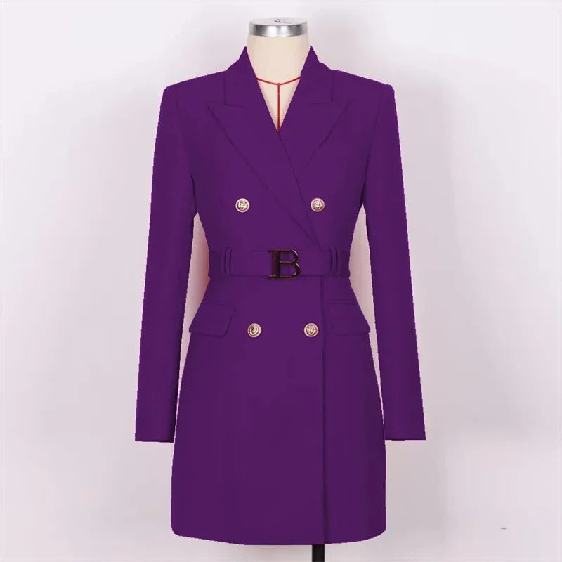 French Elegant Long Sleeve Suit Dress Waist-Cinching Short Size Professional Double-Buttoned Belted Coat for Spring