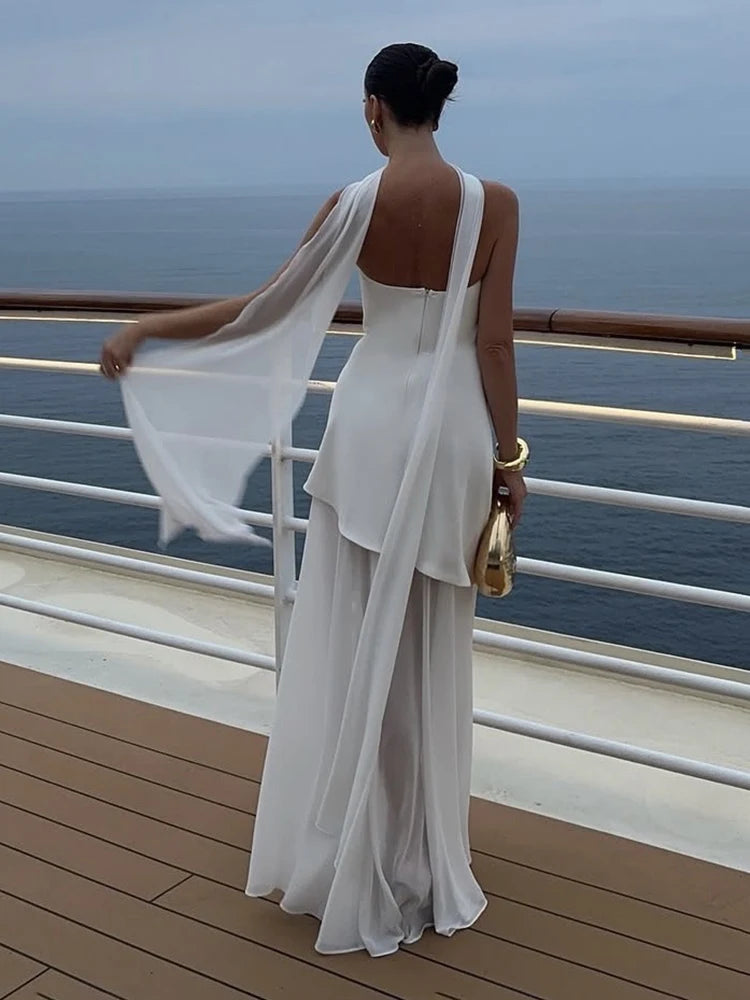 Fashion Strapless Dress With Ribbon Female Elegant Solid Sleeveless Mesh Beach Vacation Long Dress 2025 Spring New Women Dress