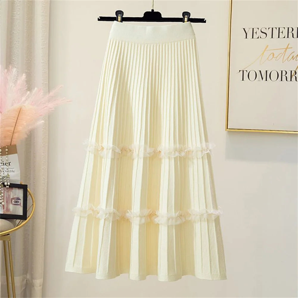 Lace Ruffle Mesh Patchwork Knitted Midi Pleated Skirt Women 2024 Autumn Winter High Waist Umbrella Solid Skirt A-Line Long Skirt
