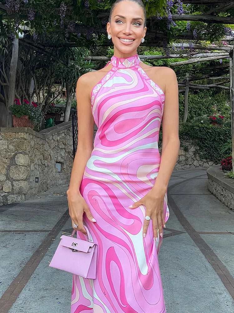 Sexy Backless Print Dress Women Sleevless Halter Irregular Hem Female Party Dresses 2025 Summer Street Lady Ankle-length Robe