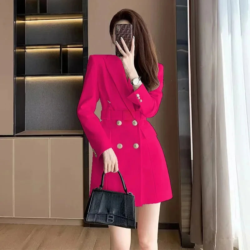 French Elegant Long Sleeve Suit Dress Waist-Cinching Short Size Professional Double-Buttoned Belted Coat for Spring