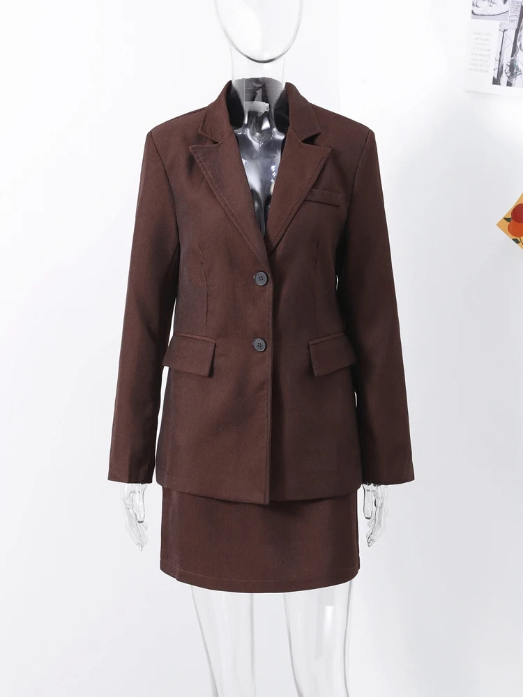 Urban Solid Coat Skirt Women Set Casual Lapel Long Sleeve Single Button Pocket Outwear Sexy Skirt 2025 Vintage Lady Outfit