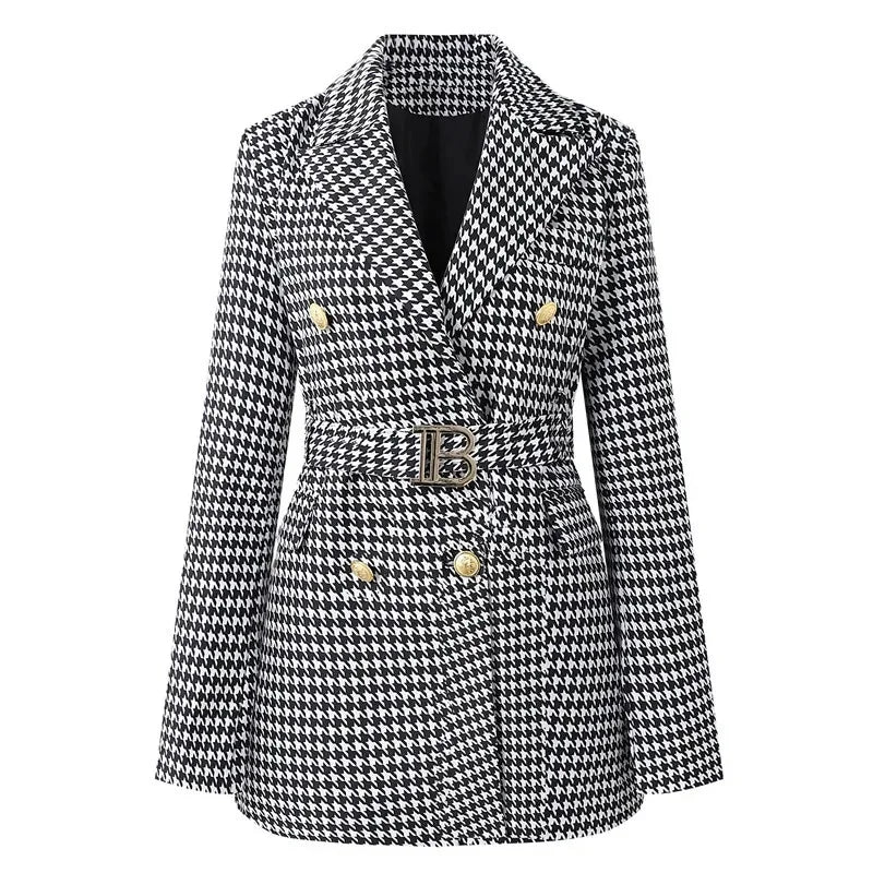 French Elegant Long Sleeve Suit Dress Waist-Cinching Short Size Professional Double-Buttoned Belted Coat for Spring
