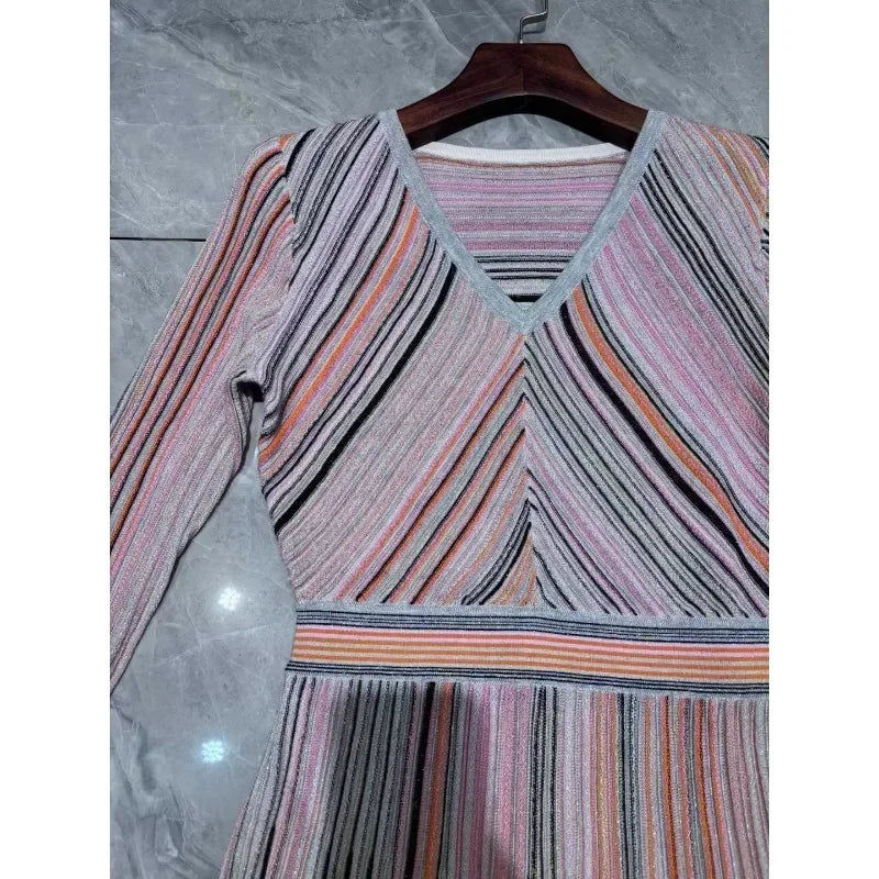 Autumn New Women's Dress High Quality V-neck Long Sleeve Striped Metal Line Luxury Ball Formal Women's Evening Dress