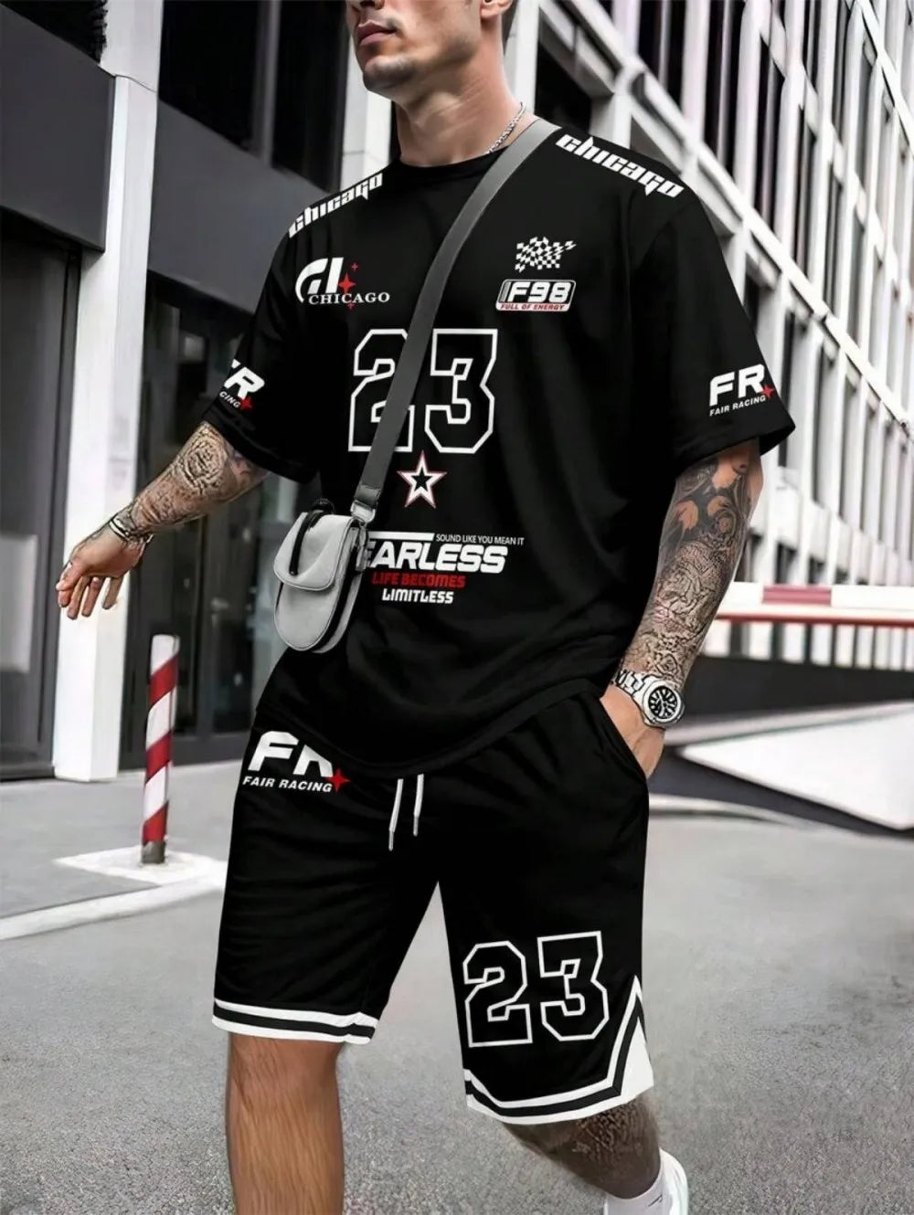 Hot selling summer comfortable men's breathable round neck T-shirt shorts set with digital printing outdoor casual two-piece set