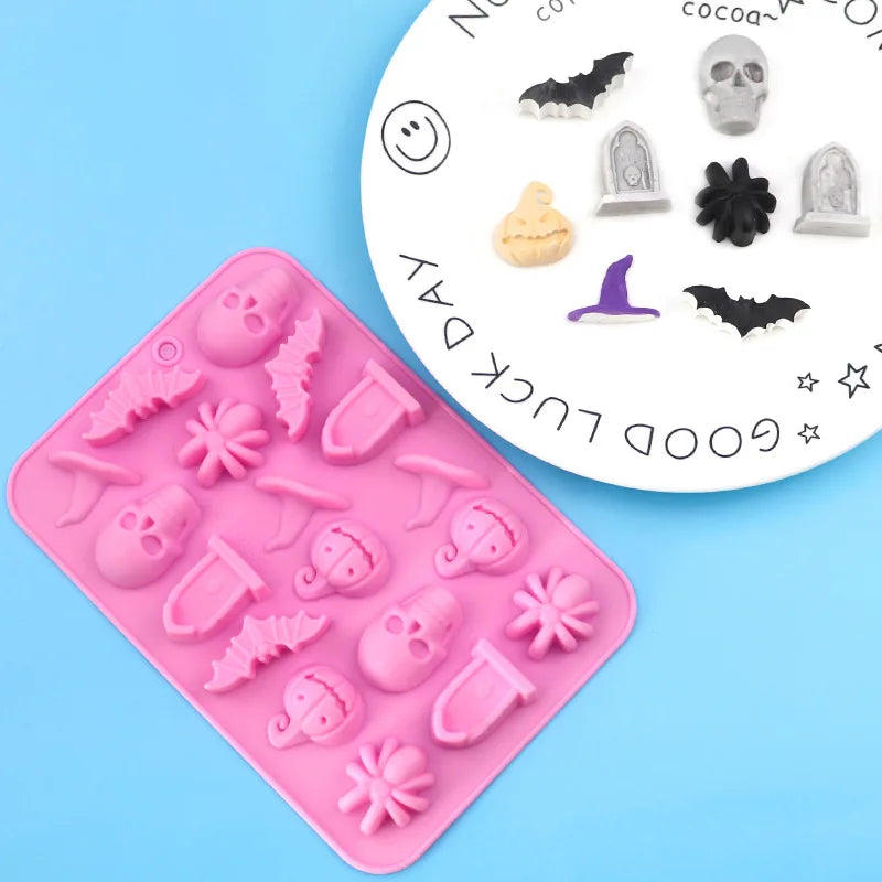 Halloween Silicone Mold Scary Skull Witch Hat Tomb Bat Pumpkin Spider Fondant Chcolate Mould Cake Decoration DIY Baking Tools
