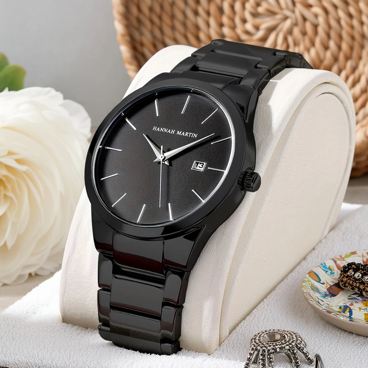 HANNAH MARTIN Men Watch 40mm Stainless Steel Quartz Fashion Business Full Black 3Bar Waterproof Sports Calendar Wristwatch reloj
