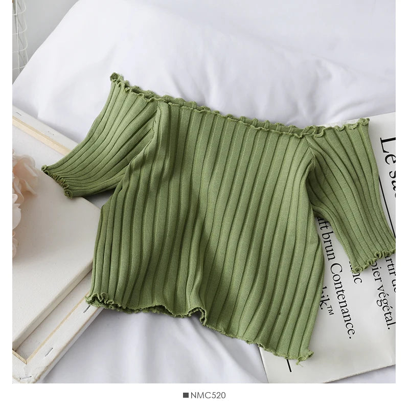 ITOOLIN Women Knitted Ruffles Hem Tops Cute Crop Tops Off Shoulder T-shirts Summer For Women Short Sleeve T-shirts 2023