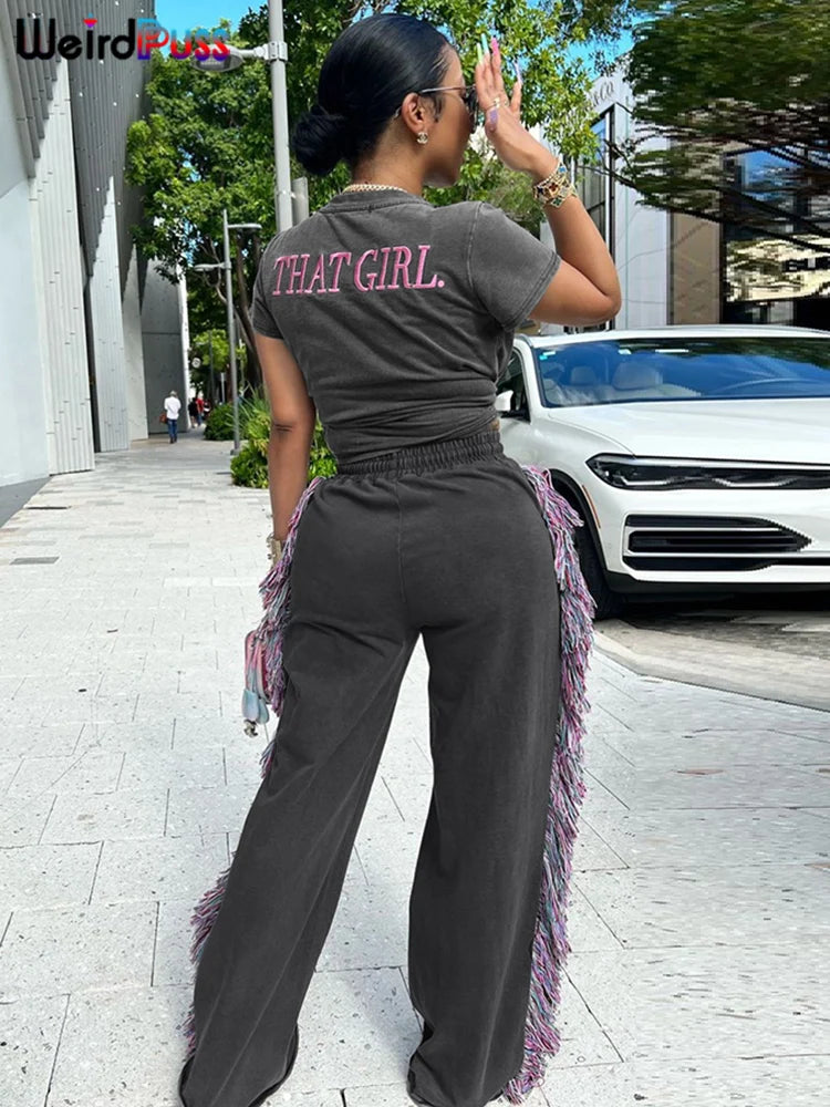 Weird Puss Casual Sporty 2 Piece Set Women Letter Embroidery Crop Tops+Side Tassel Straight Pants Matching Streetwear Tracksuits