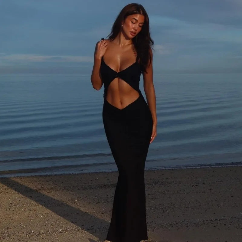 Backless Hollow Out Sexy Party Dress Women Spaghetti Strap 2024 Summer Dress Elegant Maxi Long Slim Bodycon Dresses