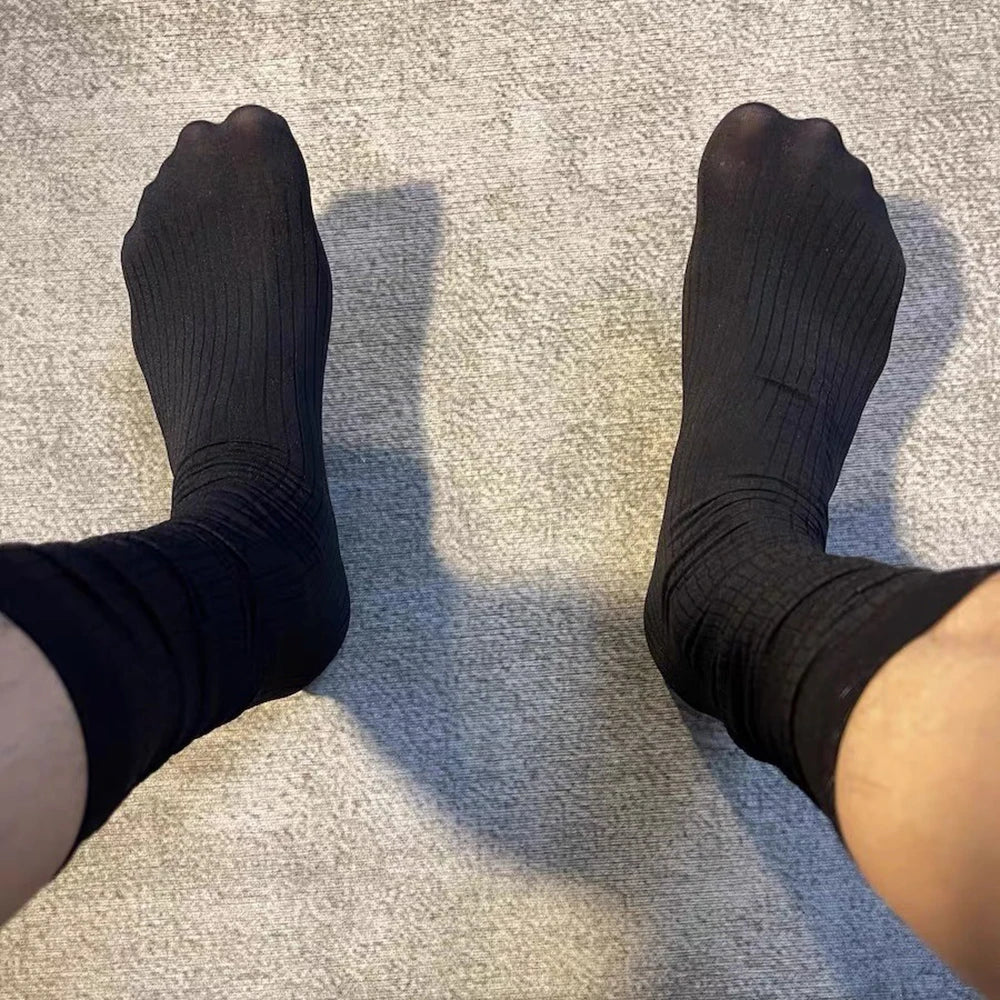 Man Transparent Sexy Stockings Men Ultra-thin Hight Tube Socks Sheer Elastic Striped Business Socks Formal Stockings