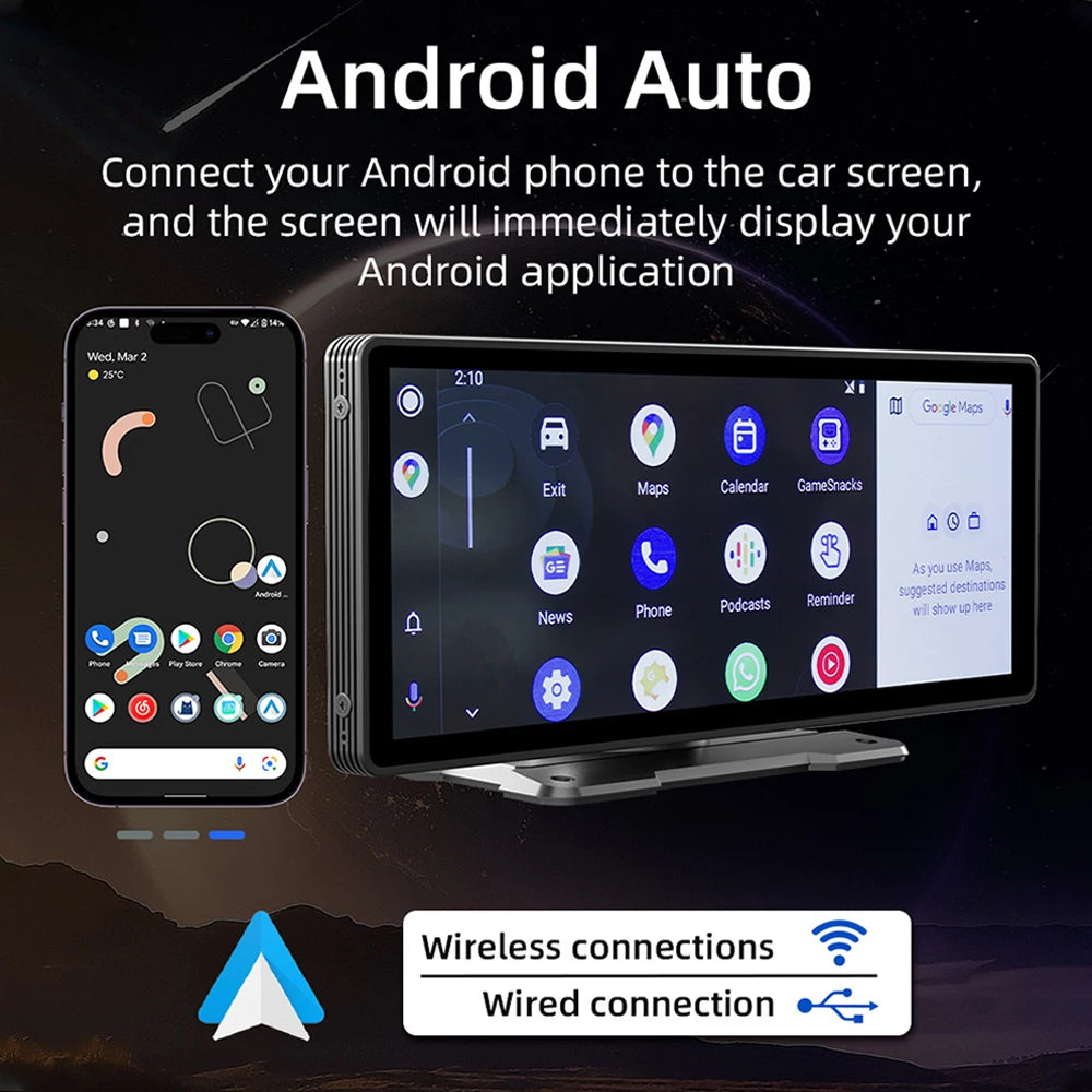 10.26" Car DVR with Wireless Carplay & Android Auto, HD GPS Navigation, 2.4G/5G WiFi, FM, AUX, MP5 Multimedia Video Player