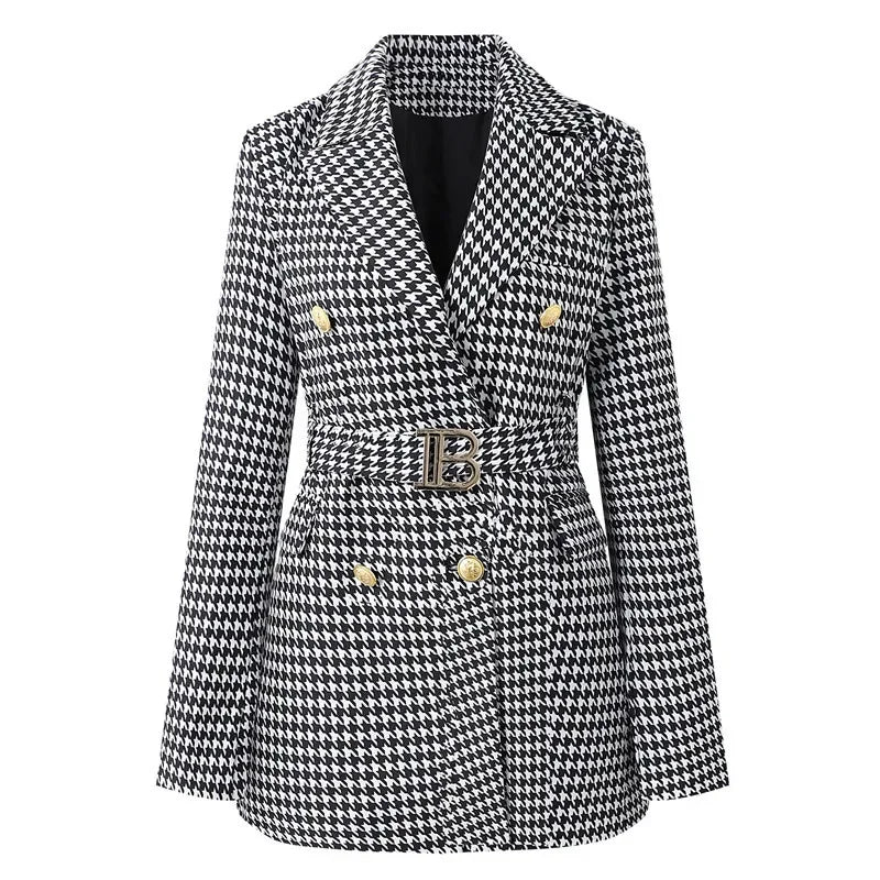 French Elegant Long Sleeve Suit Dress Waist-Cinching Short Size Professional Double-Buttoned Belted Coat for Spring