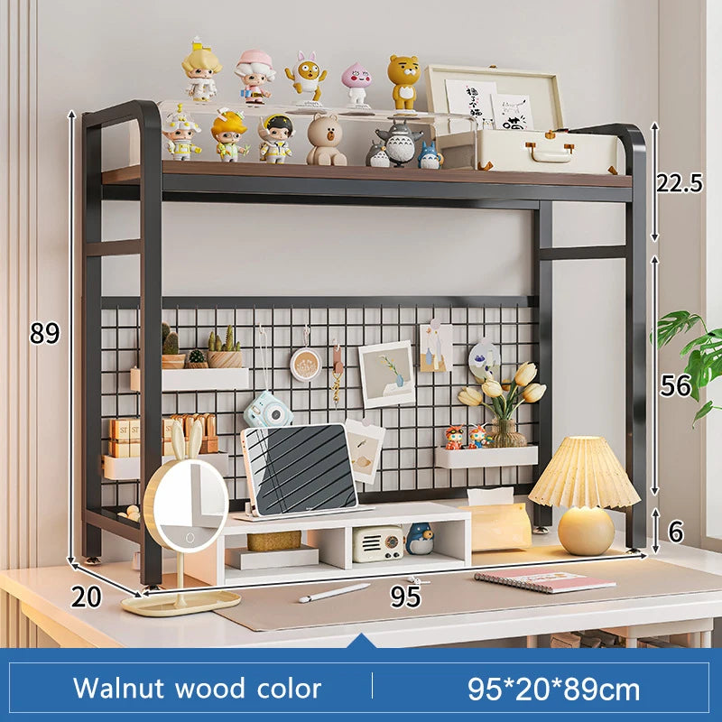 Bookcase With Grid Bookshelf Desktop Multi-layer Wrought Iron Shelf Student Computer Desk Table Hole Board Table Wooden Shelves