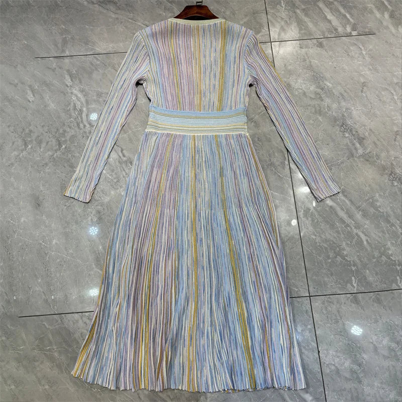 Womens dresses New elastic knitted V-neck long dresses for summer 2025 Waist cinching slim midi dresses striped party dresses