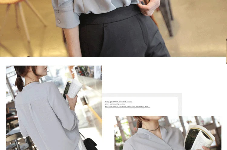 Spring Korean Style  Long Sleeve Shirt New Fashion Elegant White Chiffon Blouse Office-lady Loose Socialite Womens Tops 9382 50