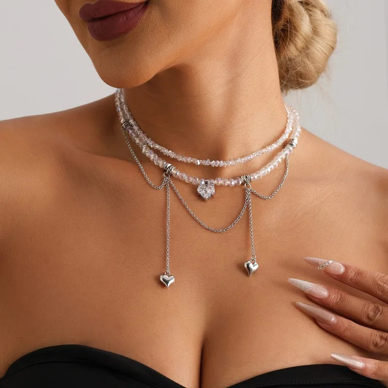 Y2k Choker Heart Necklace Pendant Chain Jewellery Women чокер Glass Layered Neck Collier Femme Cadenas Para Mujer
