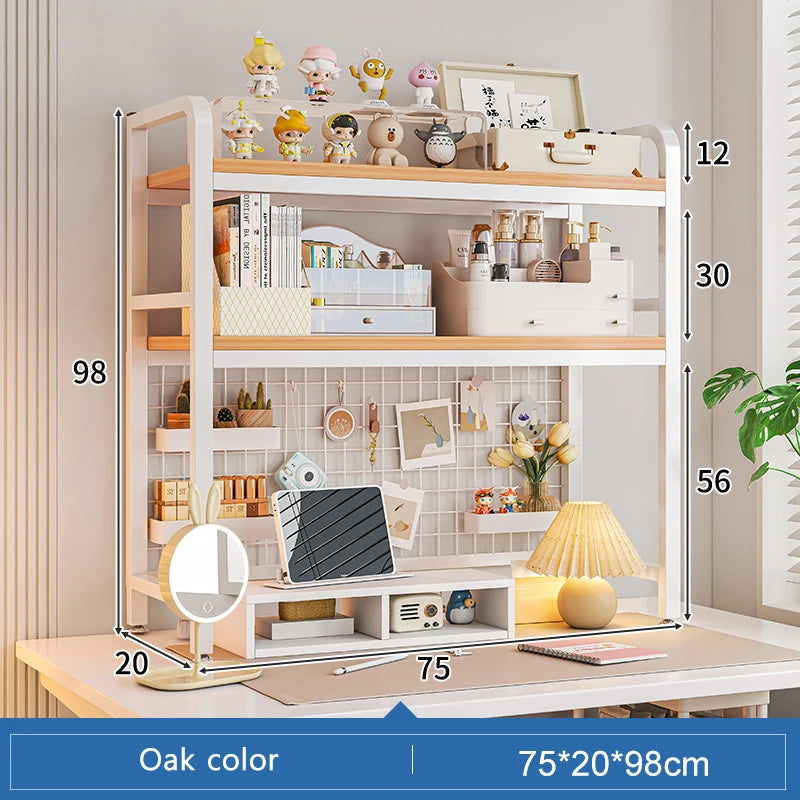 Bookcase With Grid Bookshelf Desktop Multi-layer Wrought Iron Shelf Student Computer Desk Table Hole Board Table Wooden Shelves