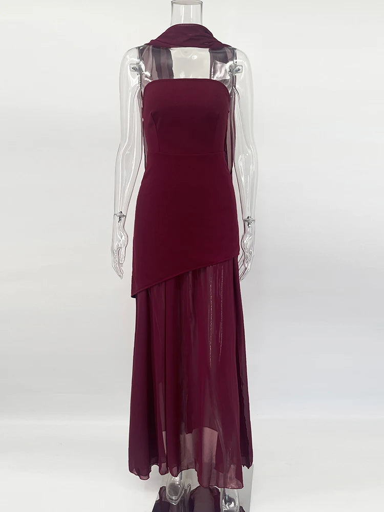 Fashion Strapless Dress With Ribbon Female Elegant Solid Sleeveless Mesh Beach Vacation Long Dress 2025 Spring New Women Dress