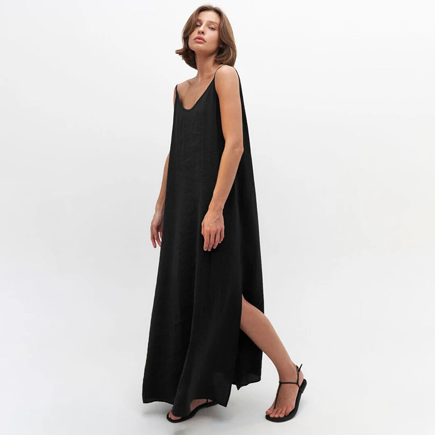 Linad Summer Casual White Long Dress Sexy Loose Backless Split Dresses Woman Street Chic V Neck Straight Dress For Women 2025
