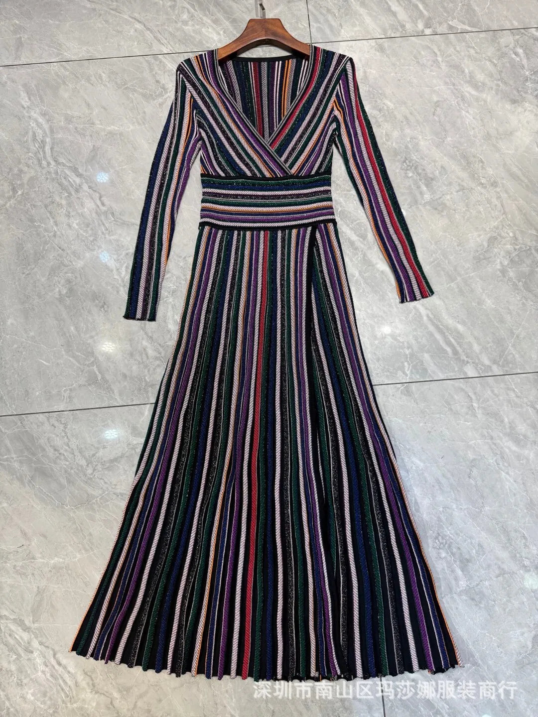 QMQA Fashion Women's Gradient Stripes Design Dresses V Neck High Waist Long Sleeve Elegant Party Dress Female Spring New 1A116
