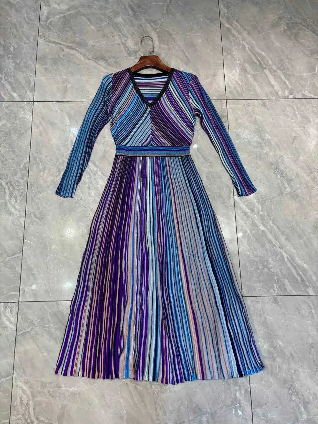 Autumn New Women's Dress High Quality V-neck Long Sleeve Striped Metal Line Luxury Ball Formal Women's Evening Dress