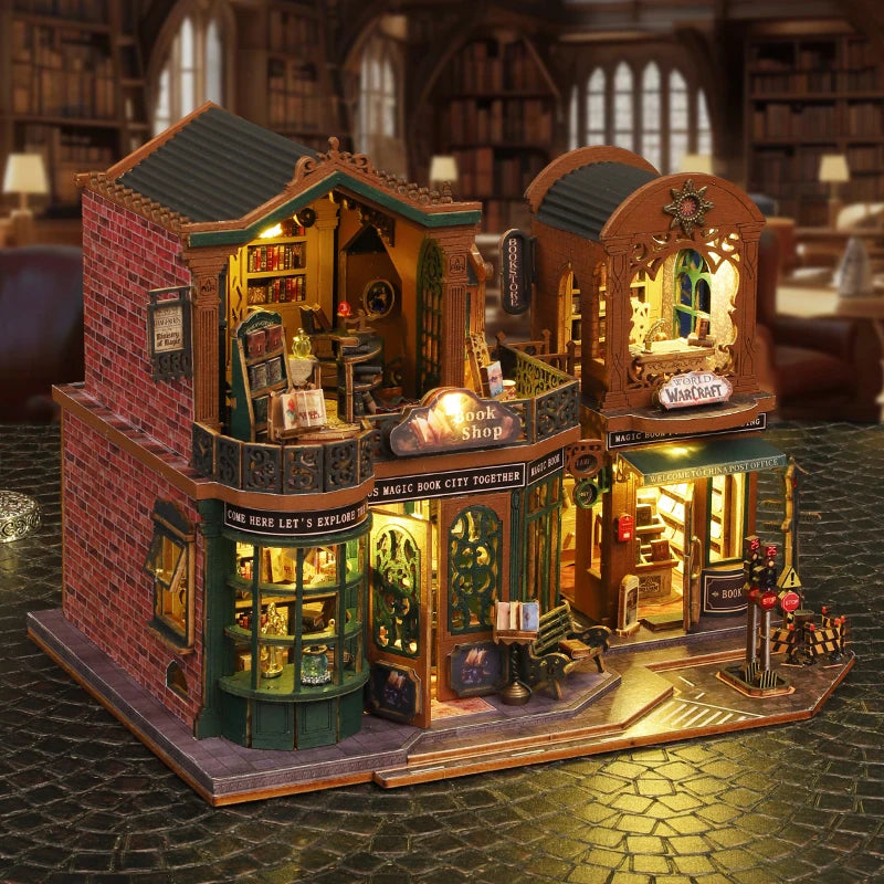 2014 DIY Big Doll House Wooden Miniature Furniture Twilight Bookstore Dollhouse Handmade home Model Assembly Toys Birthday Gifts