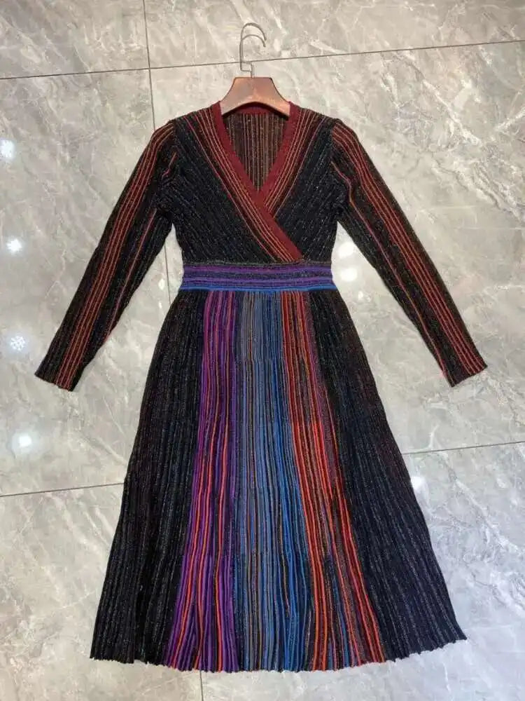 QMQA Fashion Women's Gradient Stripes Design Dresses V Neck High Waist Long Sleeve Elegant Party Dress Female Spring New 1A116